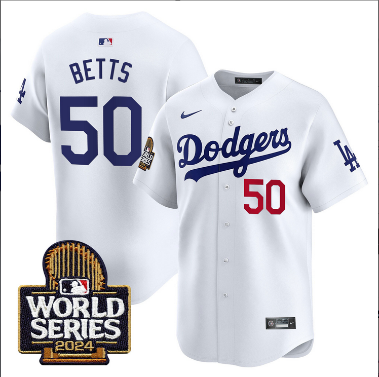 Men MLB Los Angeles Dodgers #50 Betts white 2024 World Series Champions Patch Limited Jersey20241105 style 1